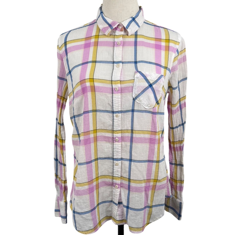 Merona Womens S Button Down Shirt Pink Yellow Plaid Cotton Gauze Preppy Pastel